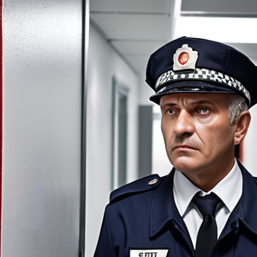 Home 4 A security guard on their first day, wearing a crisp uniform, observing the area with CCTV, emergency exits, and fire equipment. A senior guard shares on-site knowledge.
