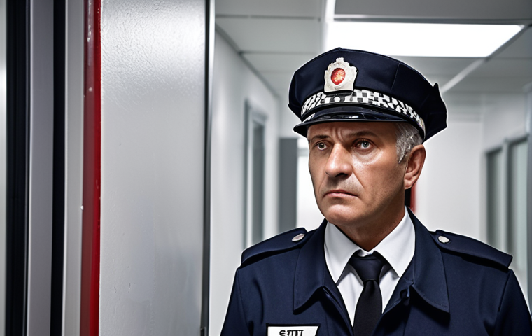 A security guard on their first day, wearing a crisp uniform, observing the area with CCTV, emergency exits, and fire equipment. A senior guard shares on-site knowledge.