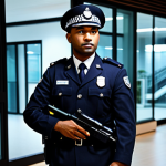 **Prompt:** A security guard in full uniform, patrolling a modern office building at night, ensuring safety and order, professional demeanor, well-lit environment, high resolution, safe for work, appropriate content, fully clothed, professional.