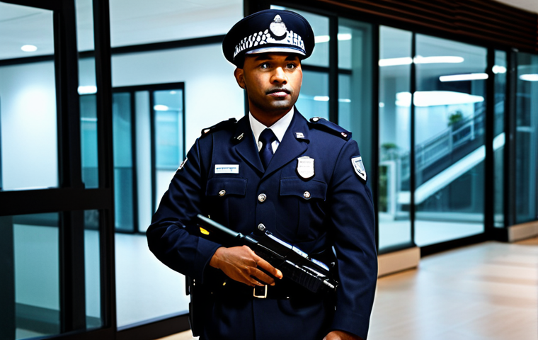 **Prompt:** A security guard in full uniform, patrolling a modern office building at night, ensuring safety and order, professional demeanor, well-lit environment, high resolution, safe for work, appropriate content, fully clothed, professional.