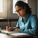 경비지도사 실기 연습 방법 - **Prompt:** A young, determined woman in her late 20s sits at a well-lit desk, deeply focused on wri...