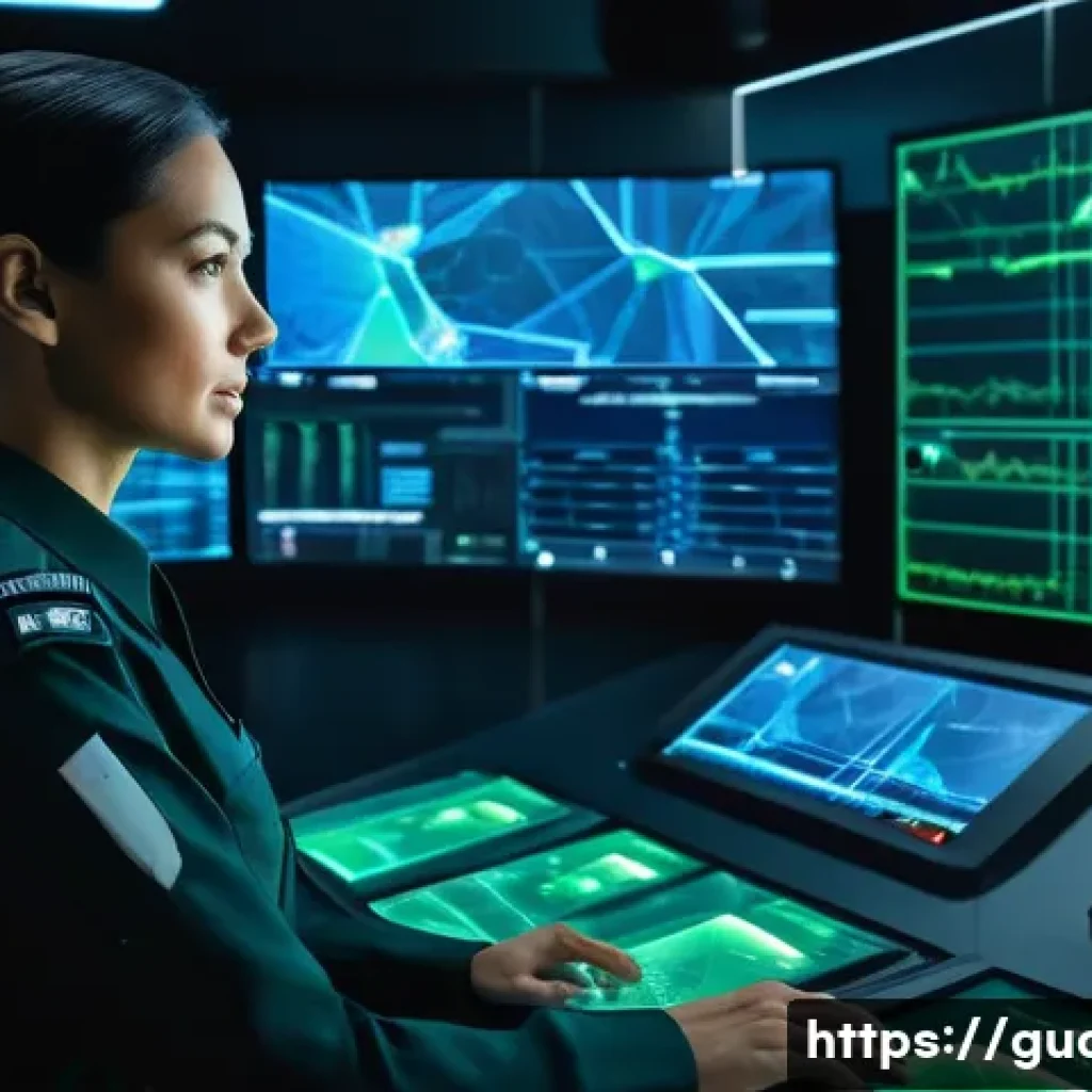 경비지도사 직업군의 장래성 - A professional female security expert in her late 30s, wearing a sleek, dark modern security uniform...