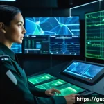 경비지도사 직업군의 장래성 - A professional female security expert in her late 30s, wearing a sleek, dark modern security uniform...