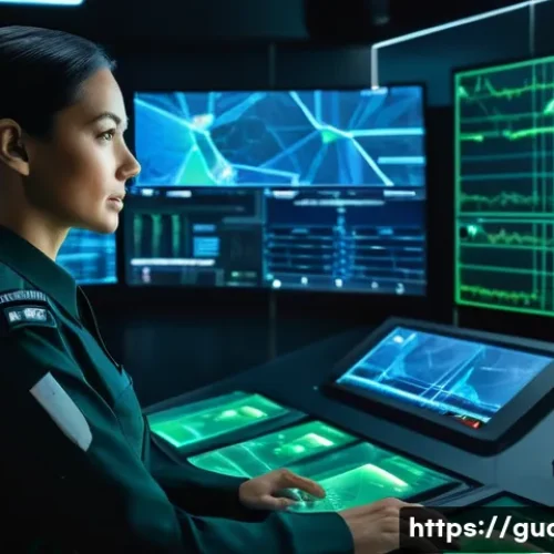 Home 7 경비지도사 직업군의 장래성 - A professional female security expert in her late 30s, wearing a sleek, dark modern security uniform...