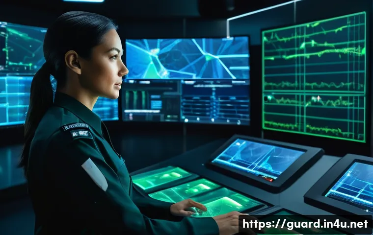 경비지도사 직업군의 장래성 - A professional female security expert in her late 30s, wearing a sleek, dark modern security uniform...